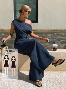 Livesso Tall Setelan 2 Potong Gaya Liburan untuk Wanita: Atasan Leher Asimetris Motif Garis-garis dan Celana Panjang Longgar - Navy Blue - View 1