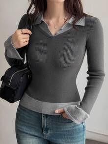 DAZY Women's Colorblock Fitted Long Sleeve Polo Collar Casual Vacation Pullover Knit Sweater School Fall - Grey - View 6