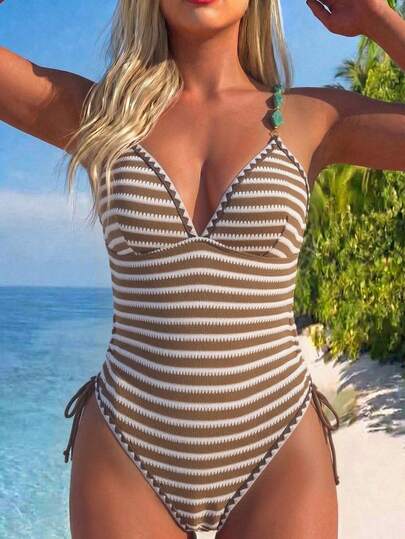 Swim Lushoire Women's Summer Beach Vacation One-Piece Swimsuit With Floral Bud Craft Beaded Trim, Side Drawstring And Striped Design