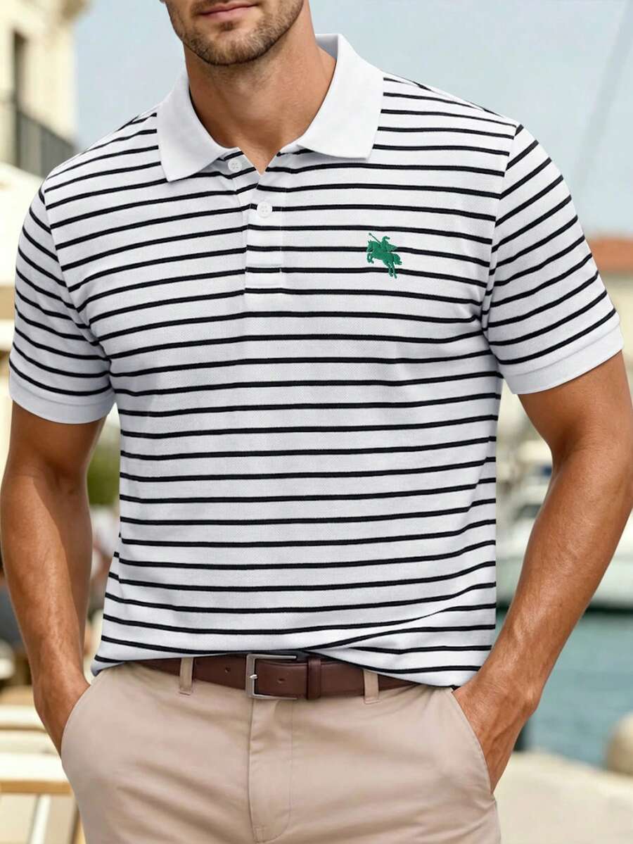 Manfinity Mode Men's Summer Polo Shirt, Mature, Casual. Striped, Logo Horse. - Black and White - View 1