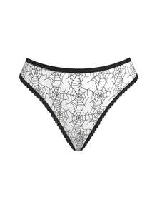 AltCore Halloween Black & White Spider Web Skull Graffiti Print Lace Trim Thong Panties, Dark Style Women's Underwear 2-Piece Set - Multicolor - View 6