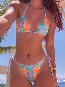 Swim Vcay 2026春夏女款細肩帶掛脖黑色白波點隨機印花甜美可愛側綁繩丁字褲比基尼泳衣兩件套 - 彩色 - 查看 2