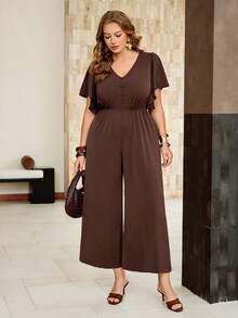 Roveilla Plus Size Women's Solid Color V-Neck Button-Up Waist-Cinching Elastic Adjustable Loose Wide Leg Long Pants Umbrella Sleeve Short Sleeve Brown Jumpsuit - Brown - View 5