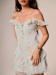 Willow Rêve Women's Light Green Spaghetti Strap Ruffle Cinched Waist Mini Dress, Romantic Vacation Style, Valentine's Day, Boho Style, Pastoral Style, Travel - Green - View 9