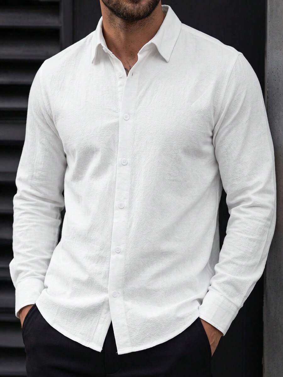 Manfinity CasualCool 男士輕商務風百搭白色棉質紋理長袖襯衫,成熟休閒通勤百搭辦公穿搭 - 白色 - 查看 1