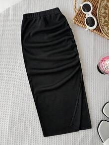 SHEIN 青少年女孩羅紋針織高腰百褶開衩大腿裙 - 黑色 - 查看 2