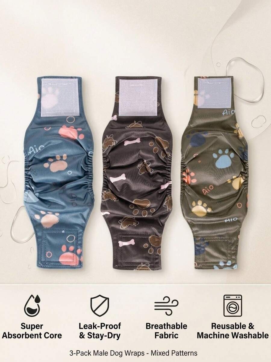 PETSIN 1PC Washable Reusable Male Dog Diapers, Breathable Leakproof Dog Belly Bands With Adjustable Hook And Loop, Cute Paw Print Male Puppy Diapers For Incontinence Marking, Soft Comfortable Pet Diapers For Small Medium Dogs - multicolor - View 1