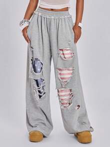 ROMWE Spring/Summer Y2K Hot Girl Street Music Festival Sports Festival Distressed Patchwork American Flag Print Loose Wide Leg Low Waist Sweatpants Long - Grey - View 1