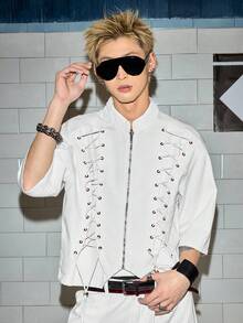 ROMWE MEN Casual 男士系带牛仔夹克，男团风格 - 白色 - 查看 4
