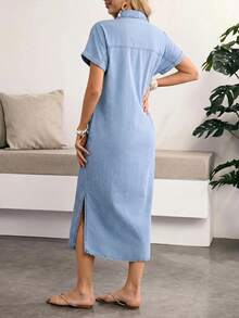 Sunnyshic Plus Size Casual Front Button Denim Dress - Blue - View 2