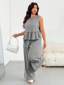 Shapeblank Plus Size Vacation Plaid Ruffle Hem Tank Top And Loose Long Pants 2 Pieces Set - Black - View 4