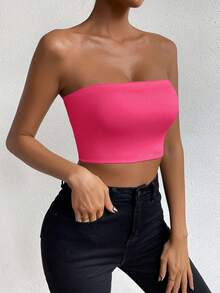 SHEIN Unity 女款純色短版抹胸上衣 - 玫紅色 - 查看 7