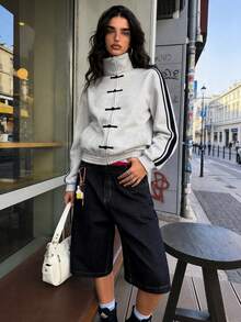 Muchica Contrast Color Light Grey Knit Cardigan For Women - Light Grey - View 4
