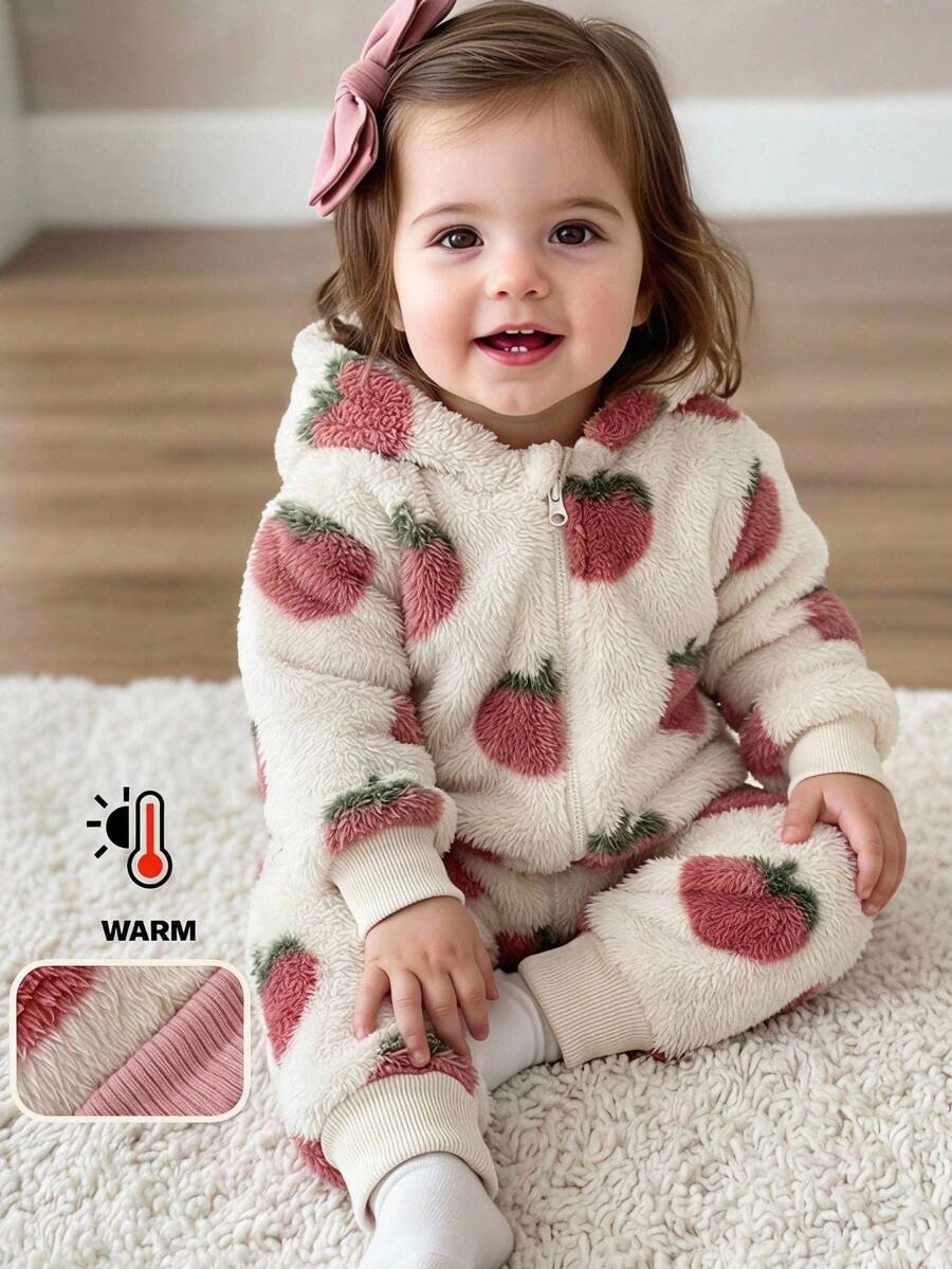 LMoss Kids 女嬰針織草莓圖案毛絨連帽休閒冬季連身衣 - 彩色 - 查看 1