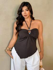 Auralis Áo kiểu boho gợi cảm thập niên 70 size lớn, cổ yếm hở lưng, gấu lệch, phong cách thường ngày, đi tiệc và du lịch mùa hè, màu nâu chocolate - màu nâu - Xem 6