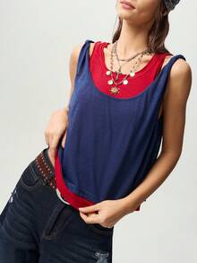 Bohemela Casual Knit Colorblock 2 In 1 Women's Tank Top Everyday Navy Blue Red Summer - Multicolor - View 2