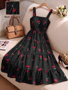 Elenzga Plus Size Women Cherry Print Ruffle Hem Cami Dress - Black - View 6