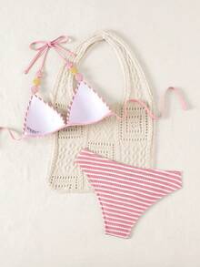 Swim Lushoire Swim Vcay-D 女款純色細肩帶串珠裝飾綁帶三角比基尼兩件套 - 粉色 - 查看 2