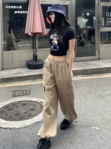 DAZY 素色寬鬆百褶長褲運動休閒春季女款運動褲 - 卡其色 - 查看 3