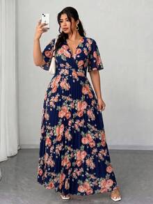 Elenzga Plus Size Women's Summer Navy Blue Floral Dress, Short Sleeve Ruffle Sleeve Deep V-Neck Cinched Waist Pleated Maxi Dress, Elegant Party Wedding Guest - Navy Blue - View 1