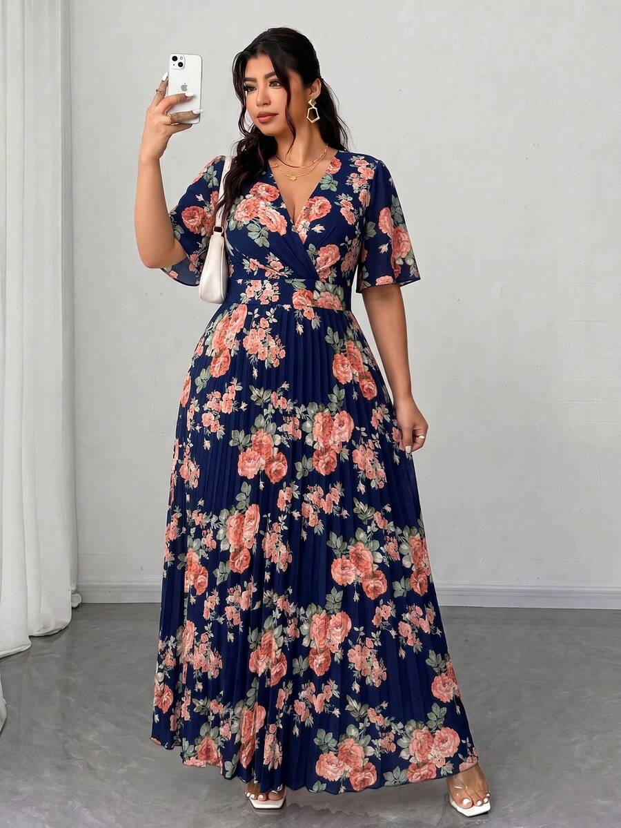Elenzga Plus Size Women's Summer Navy Blue Floral Dress, Short Sleeve Ruffle Sleeve Deep V-Neck Cinched Waist Pleated Maxi Dress, Elegant Party Wedding Guest - Navy Blue - View 1