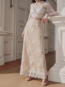 Anewsta Elegante Falda de Moda Blanca con Encaje Fino de Pestañas de Cintura Media Estilo Sirena para Mujer - Blanco - Ver 6