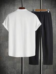 Manfinity Homme Men's Textured Button Half-Placket Loose Shirt And Drawstring Waist Pocket Pants Set - Black and White - View 2