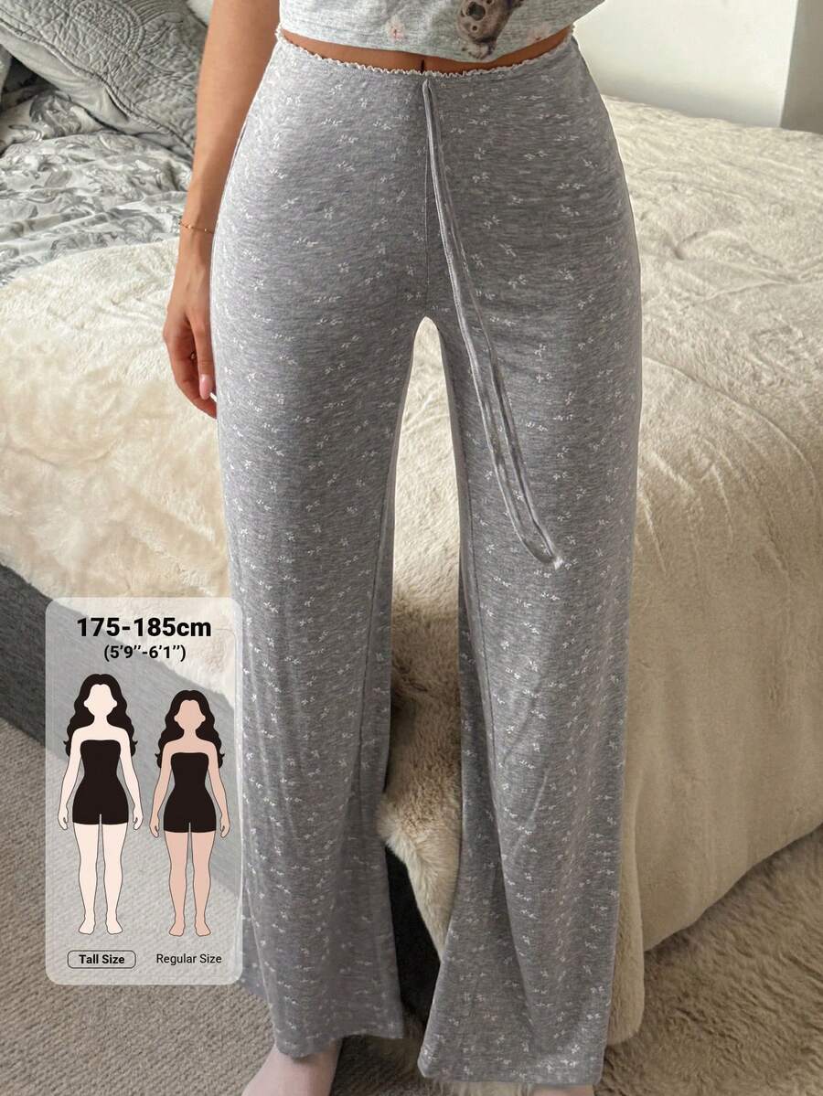 Livesso Tall Women's Elastic Waist Lace Patchwork Drawstring Tie Elastic Floral All-Over Print Urban Casual Long Pants - Light Grey - View 1