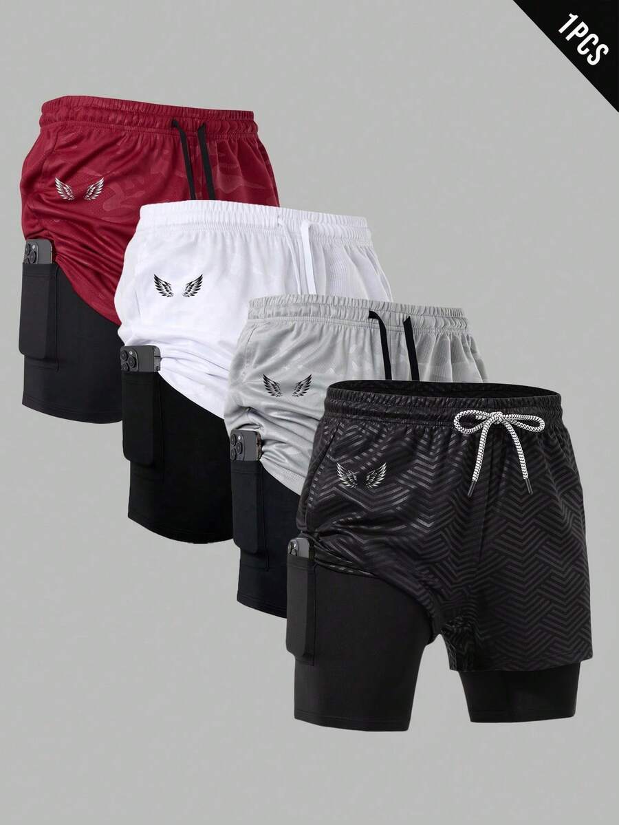 Gym Rark Men's Minimalist Wing Print Drawstring Waist Double Layer Pocket Sports Shorts - Black - View 1