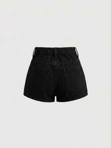 SHEIN 青少年女孩夏季 Y2K 休閒波希米亞風不對稱鈕扣牛仔裙褲，適用於夏季度假與日常街頭穿搭 - 黑色 - 查看 6