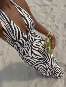 Aloruh Women's Zebra Print Halter Neck Deep V Sexy Dress, Ruched Waist Slimming Fit, Commute Versatile Street Style Long Fishtail Dress, Summer, Beach - Black and White - View 2