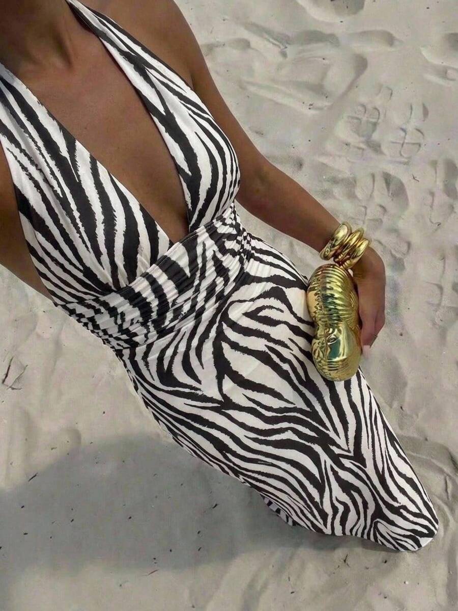 Aloruh Women's Zebra Print Halter Neck Deep V Sexy Dress, Ruched Waist Slimming Fit, Commute Versatile Street Style Long Fishtail Dress, Summer, Beach