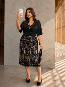 Firerie Plus Size French Elegant Cowl Neck Lace Patchwork Dress Wedding Formal Evening Guest For Women Graduation Party Black Summer - Black - View 8