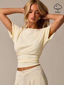 COSMINA Women's Solid Color Pleated Slim Fit Versatile Casual Elegant Short Sleeve Top Date Pale Yellow Top Work Tops Going Out Tops - Multicolor - View 5