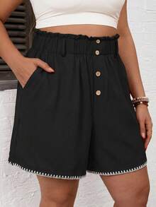 Comfylo Plus Size Women's Shell Embroidered Ruffle Edge Button Design Shorts - Multicolor - View 3