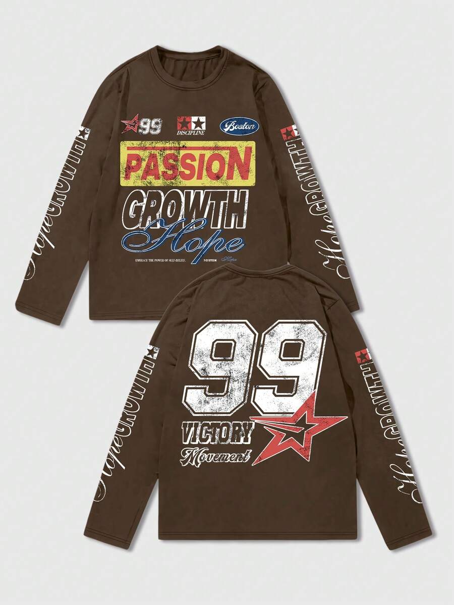 ROMWE MEN Street Life Men's Letter & Number Print Casual Versatile Daily Long Sleeve T-Shirt - Coffee Brown - View 1