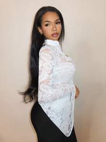 BamGleam 女款中式盤扣蕾絲性感透視襯衫 - 白色 - 查看 6