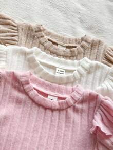 SHEIN Vintaside Kids 女嬰 3件組可愛荷葉袖多色羅紋針織連身衣套裝，適合秋冬日常穿著 - 彩色 - 查看 5