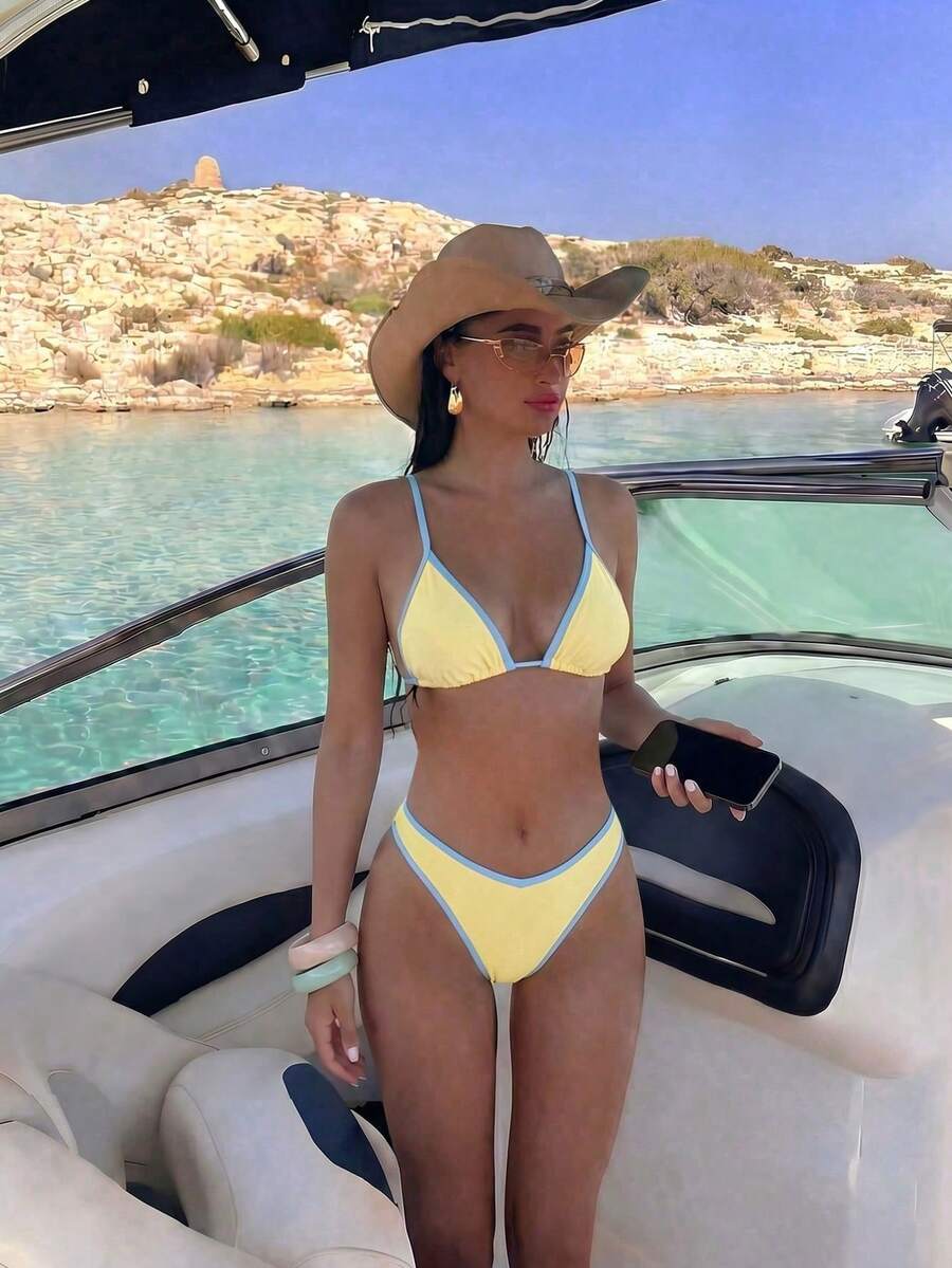 Swim Mod Conjunto de dos piezas de bikini con abertura, cuello halter y lazo, estilo sexy y puro deseo, para vacaciones de aguas termales, primavera/verano 2026 - Amarillo - Ver 1