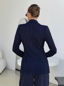 Lavishia 女款優雅藍白條紋不對稱下擺無袖西裝上衣，都市休閒、度假、海灘、春假，藍白套裝 - 藍白色 - 查看 4