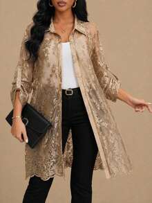Reflora Plus Size Women's Floral Mesh Ruffle Sleeve Long Elegant Blouse - Khaki - View 2