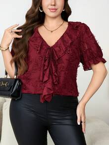 SHEIN Clasi Blusa elegante con volantes y cuello en V de talla grande para vacaciones y citas - Burdeos - Ver 5