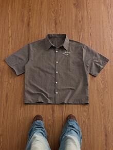 SWAVVY Men's Woven Fashion Casual Loose Short Sleeve Striped Shirt - Brown - View 3