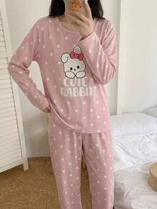少女甜美可愛優雅休閒日常舒適親膚針織牛奶絲面料粉白波點兔子蝴蝶結卡通印花圓領長袖上衣與長褲睡衣家居服2件套 - 珊瑚粉 - 查看 9