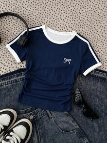 SHEIN Tween Girl Fashionable Minimalist Casual Street Style Ruched Equestrian Print Pink & Green Contrast Color Webbing Trim Cropped Slim Fit Comfortable Round Neck Knit T-Shirt Top Retro Collegiate Colorblock - Royal Blue - View 3