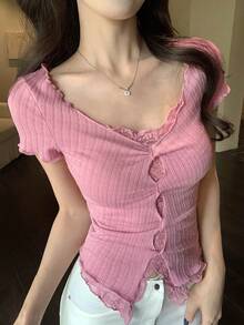 DAZY 女款夏季方領短袖蕾絲拼接休閒浪漫灰粉色套頭T恤，適合早午餐與日常穿著 - 粉色 - 查看 4
