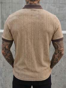 Manfinity CasualCool 男士紋理提花 Polo 衫，卡其色上衣，附精緻小刺繡，休閒日常通勤上衣 - 卡其色 - 查看 6