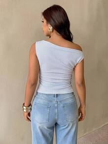 Auralis Plus Size Women's Striped Casual Sexy Off-Shoulder Ruched Fitted Tank Top - White - View 2