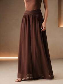 Anewsta Summer Vacation Style V-Neck Pleated Waist Drape Chiffon Wide Leg Culottes Long Pants, Suitable For Vacations, Trips And Commuting - Brown - View 2
