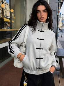 Muchica Contrast Color Light Grey Knit Cardigan For Women - Light Grey - View 3